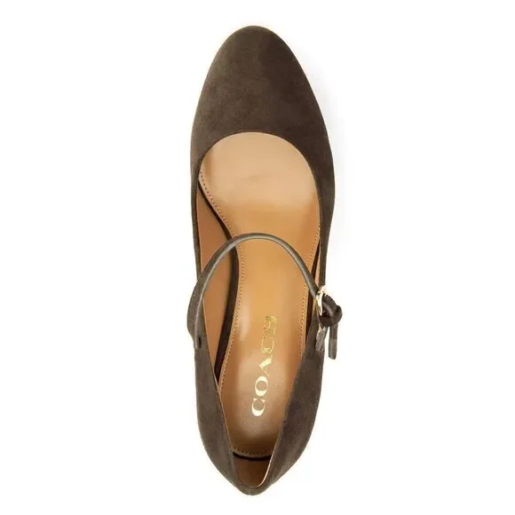 New! COACH Women's Mary Jane Platform Pumps Brown Suede Heels Shoes Chunky Heels - Picture 2 of 8